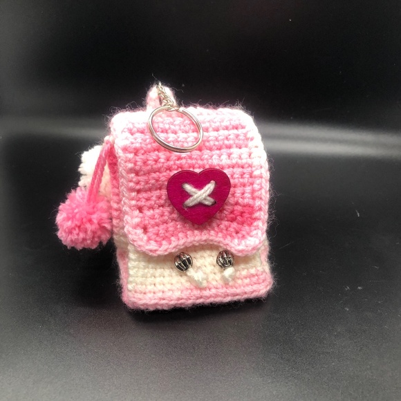 Bubblegum Pink & White Crochet Mini Backpack Keychain w/ Pom Poms, Heart Button - Picture 3 of 14